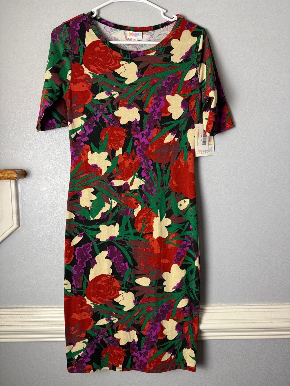 LuLaRoe Floral Midi Dress in Red, Green, Purple & Cream